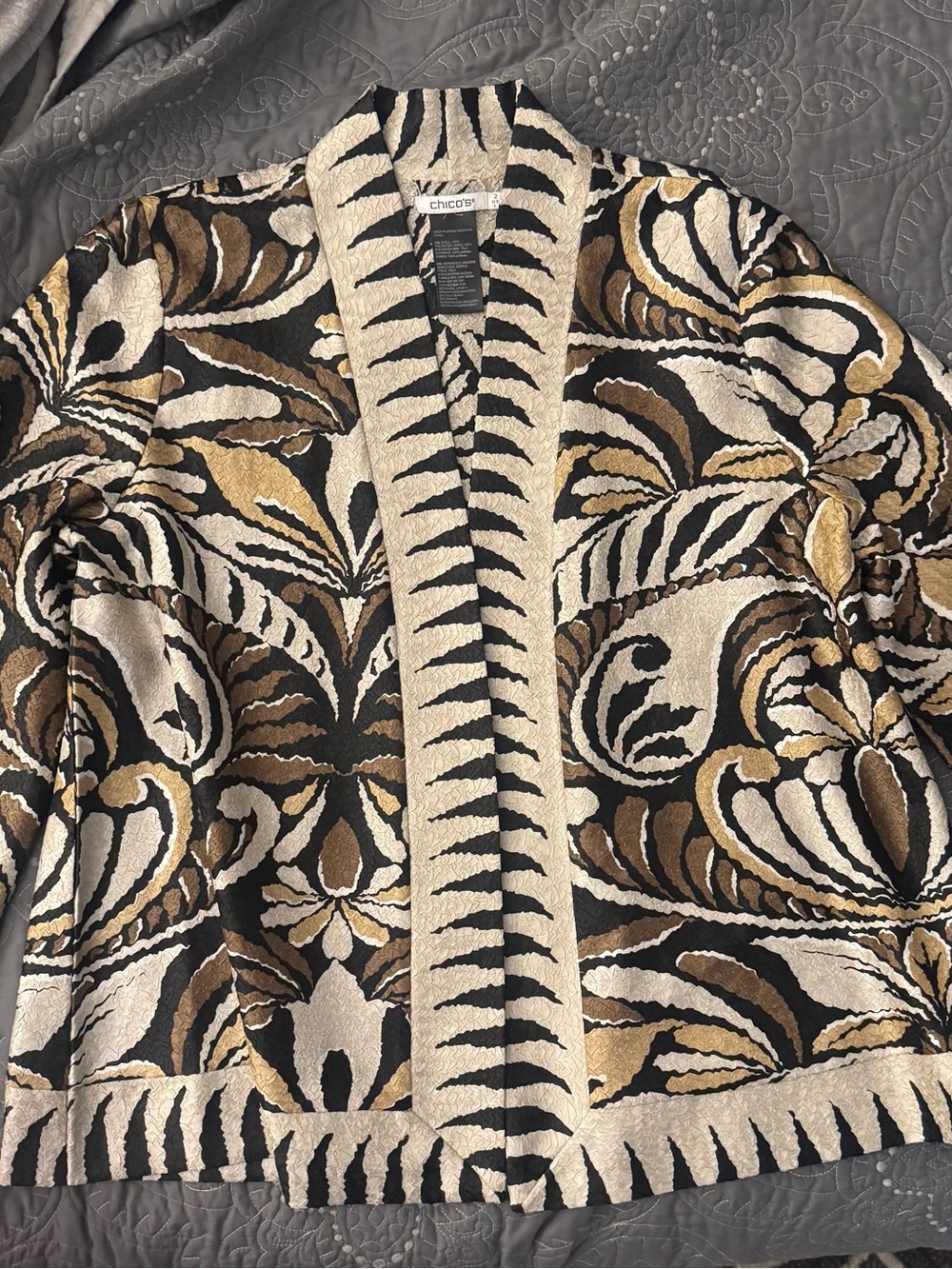 Chico's Black and Cream Textured Open Cardigan